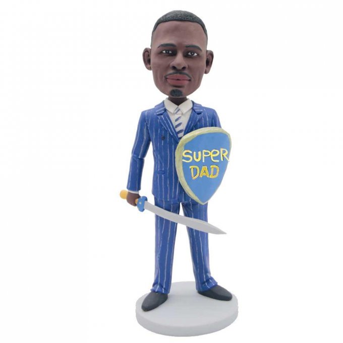 Father's Day Gifts Custom Male Office Staff Bobbleheads In Suit Holding Shield And Sword