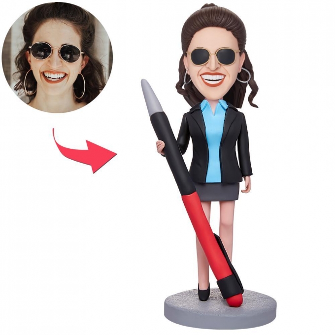 Female Boss And A Pencil Custom Bobblehead With Engraved Text