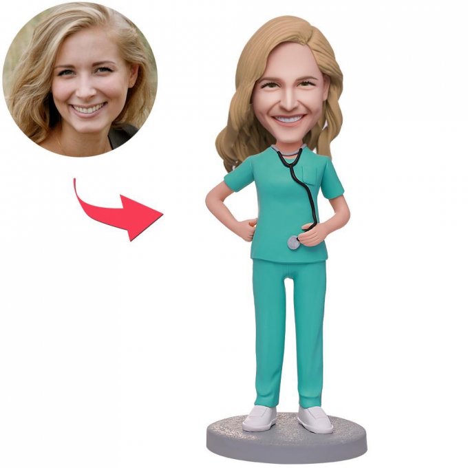 Female Doctor With Stethoscope Custom Bobblehead With Engraved Text