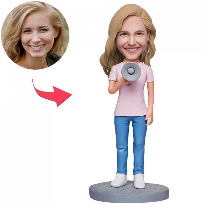 Female Holding A Megaphone Custom Bobblehead With Engraved Text