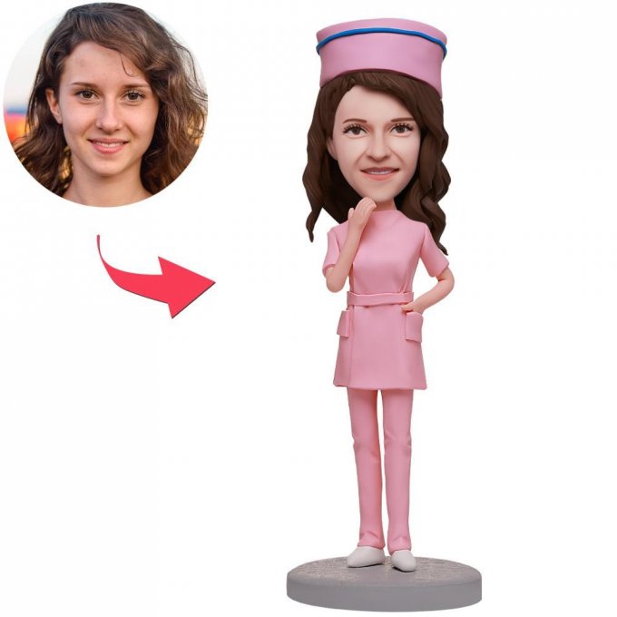 Female Nurse In Pink Nurse Uniform Custom Bobblehead With Engraved Text