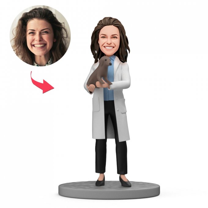 Female Veterinarian With Pet in Her Arms Custom Bobblehead With Text