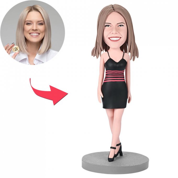 Female Wearing A Black Dress Custom Bobblehead With Engraved Text