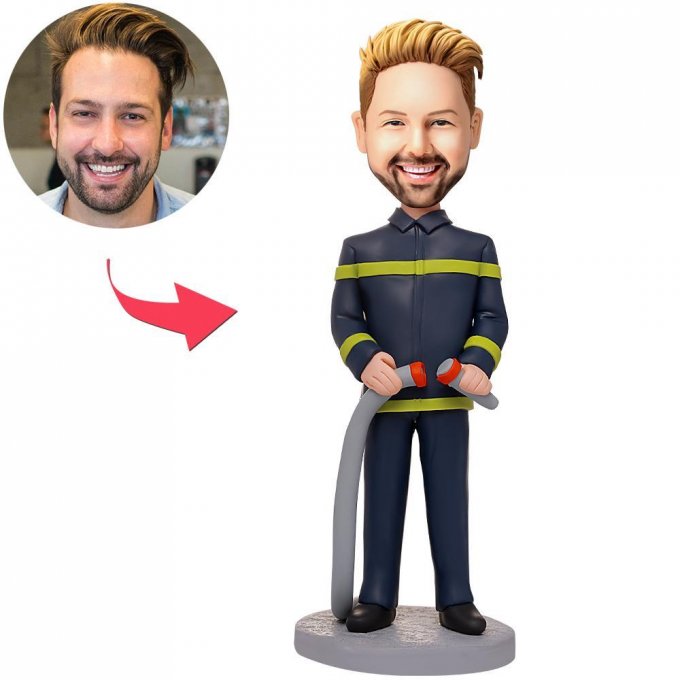 Fireman holding A Hose Custom Bobblehead With Engraved Text