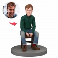 Gift For Him Custom Bobble Head Man Wearing Green Sweater Sitting on Chair