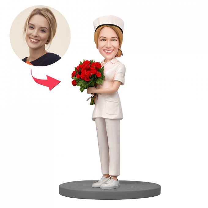 Gift for Nurse Custom Bobblehead Excellent Nurse Holding Flowers