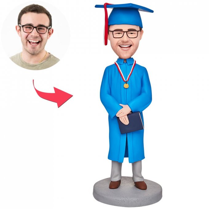 Graduation Boy Wearing Blue Graduation Gown Custom Bobblehead With Engraved Text