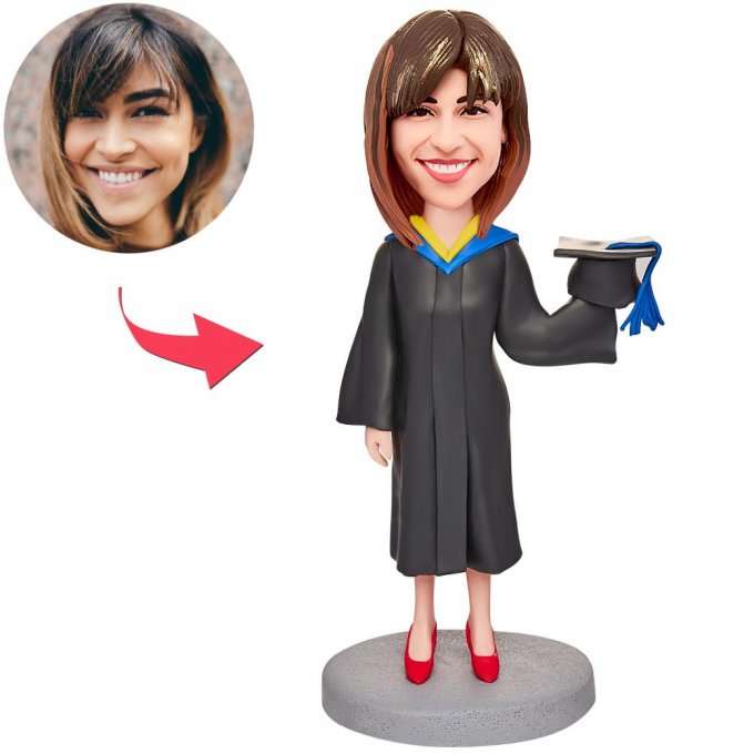 Graduation Girl Holding Graduation Gown Hat Custom Bobblehead With Engraved Text