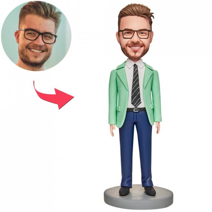 Green Clothes Business Man Custom Bobblehead With Engraved Text