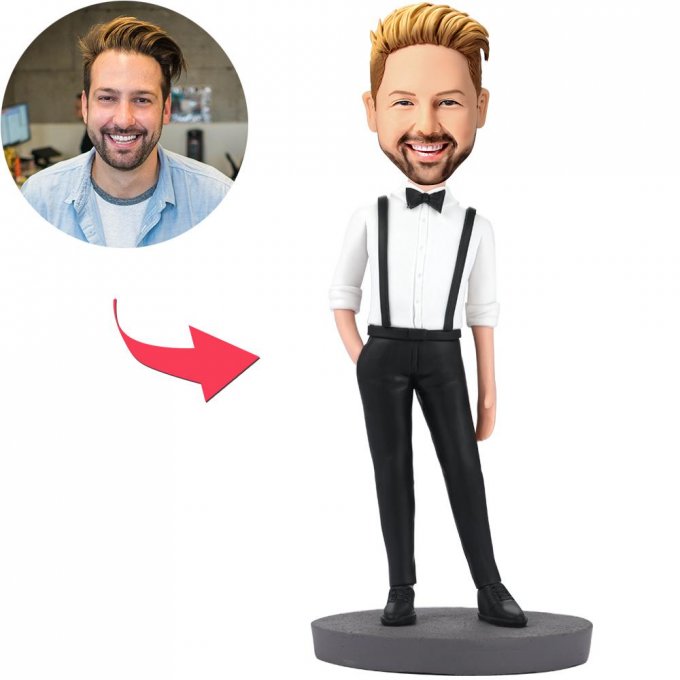 Handsome Man In Bib Pants Custom Bobblehead With Engraved Text