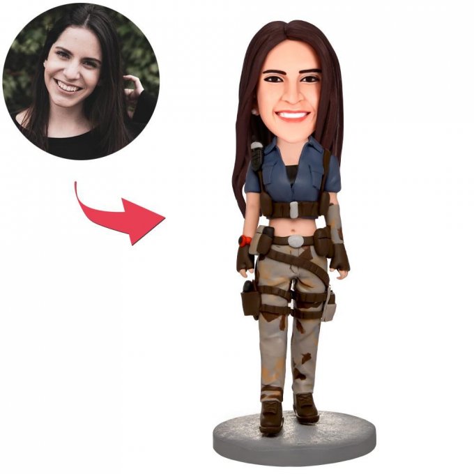 Holding A Gun Female Custom Bobblehead With Engraved Text