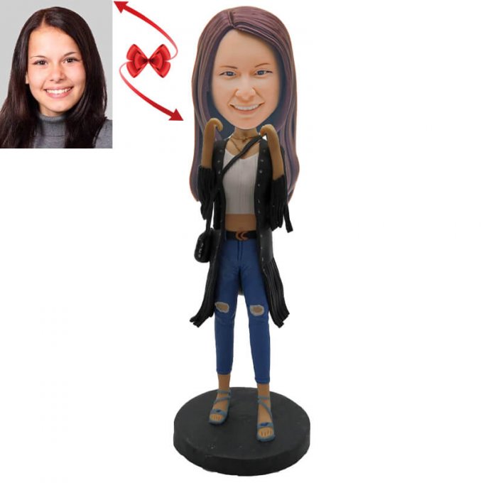 Jeans Lady Wearing Black Coat Custom Bobblehead