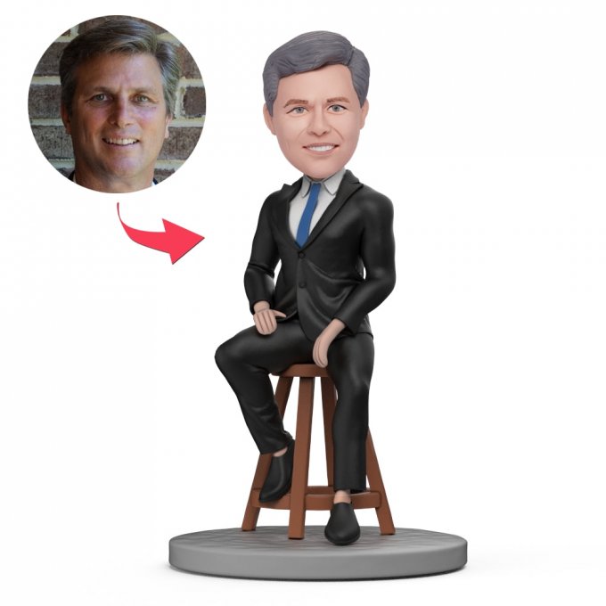 Male Boss Black Suit Sitting Custom Bobblehead with Engraved Text