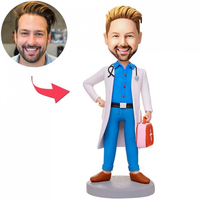 Male Doctor Carrying A First Aid Kit Custom Bobblehead With Engraved Text