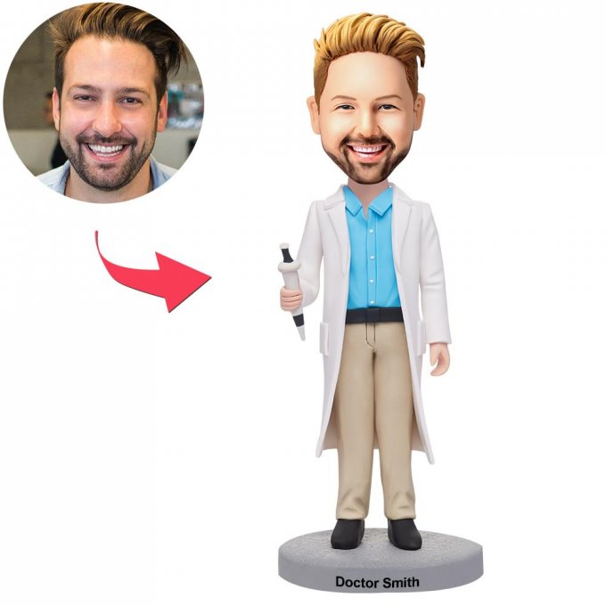 Male Doctor Holding A Syringe Custom Bobblehead With Engraved Text