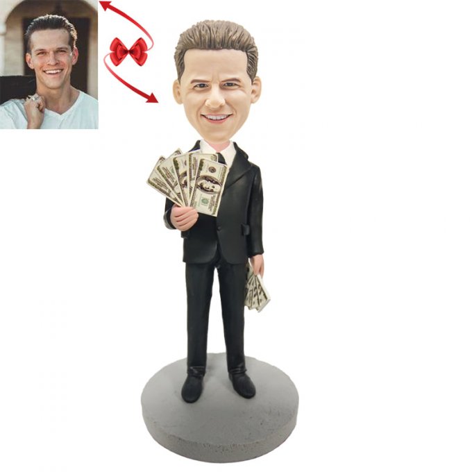 Male Executive In Black Suit Holding Money Custom Bobblehead