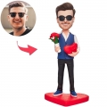 Man Holding a Bouquet of Roses and a Heart Custom Bobblehead With Engraved Text