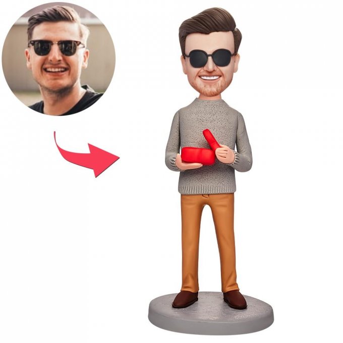 Man Holding A Heart-shaped Gift Custom Bobblehead With Engraved Text