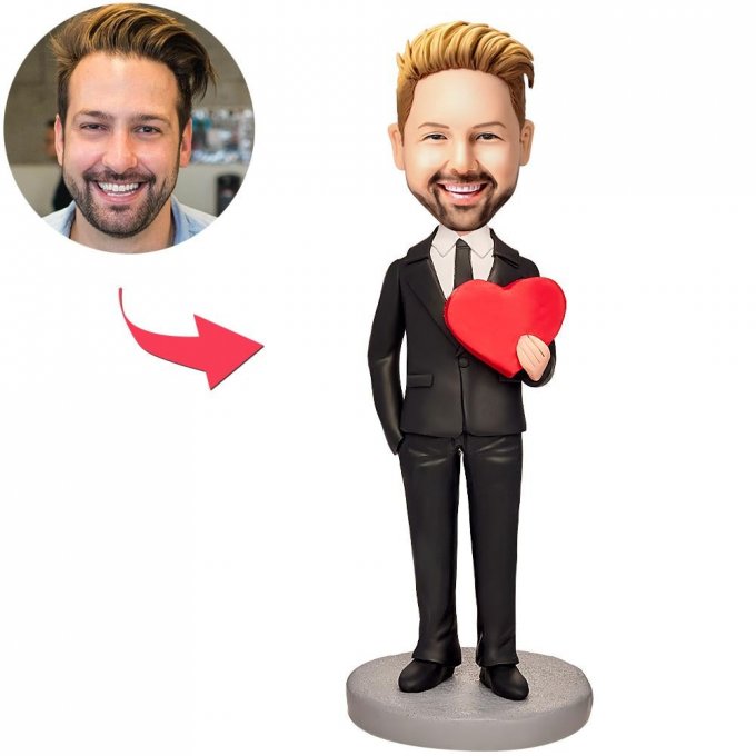 Man Holding A Love Heart Custom Bobblehead With Engraved Text