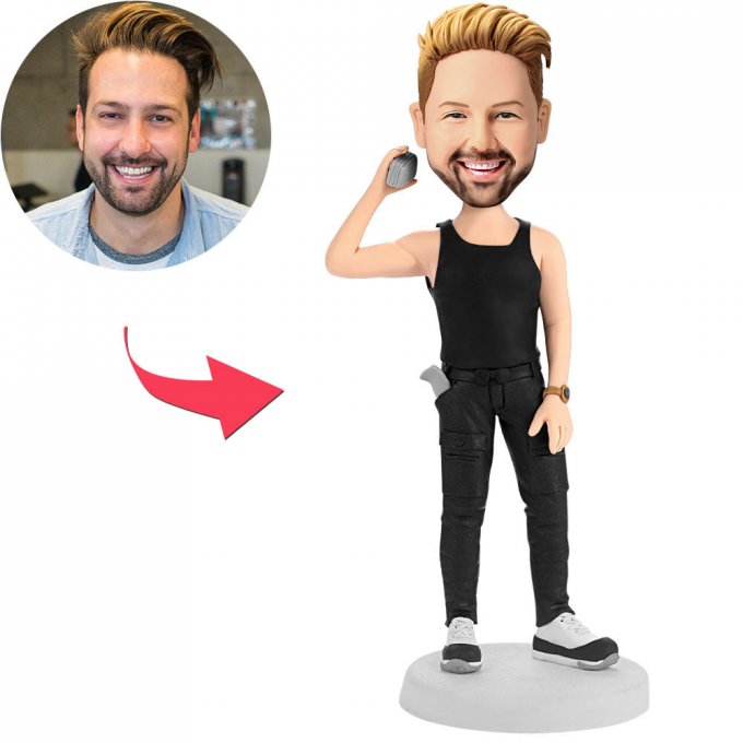 Man Holding A Phone Custom Bobblehead With Engraved Text