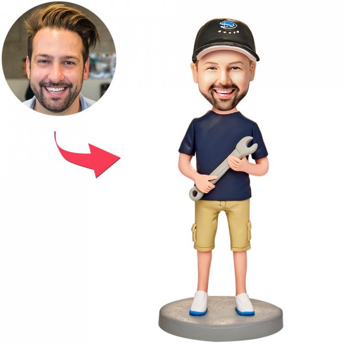 Man Holding Wrench Custom Bobblehead With Engraved Text