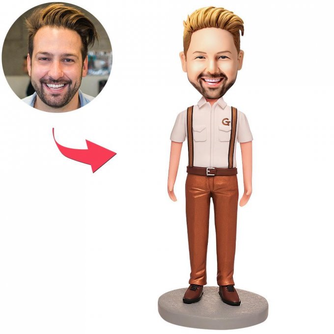 Man Wearing Brown Overalls Custom Bobblehead