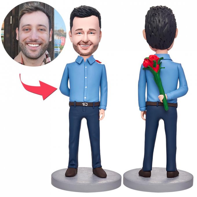 Man With A Rose Behind Him Custom Bobblehead With Engraved Text