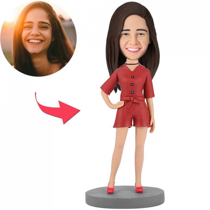 Modern Beautiful Girl In Red Suit Custom Bobblehead With Engraved Text