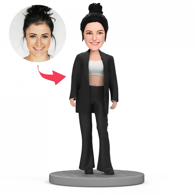 Modern Girl in Black Oversize SuitCustom Bobblehead With Text