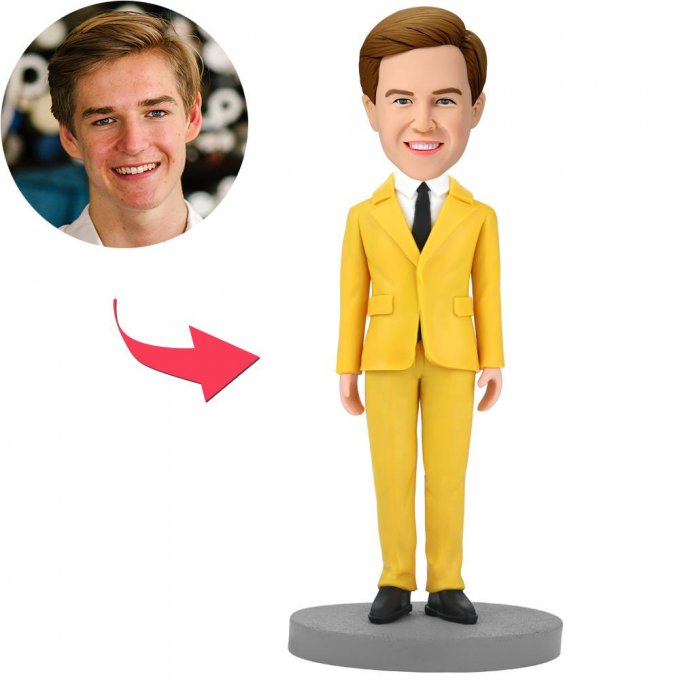 Modern Man In Yellow Suit Custom Bobblehead With Engraved Text