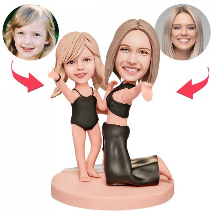 Mother and Daughter in Swimsuits Custom Bobblehead with Engraved Text