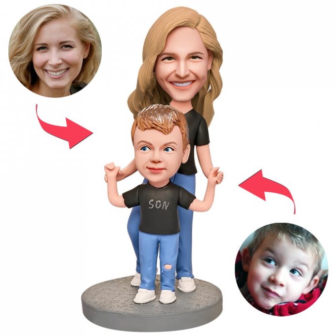 Mother and Son in Black Shirts Custom Bobblehead with Engraved Text