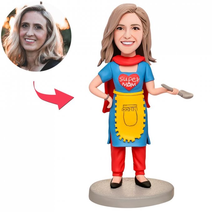 Mother in Blue Dress Custom Bobblehead with Engraved Text