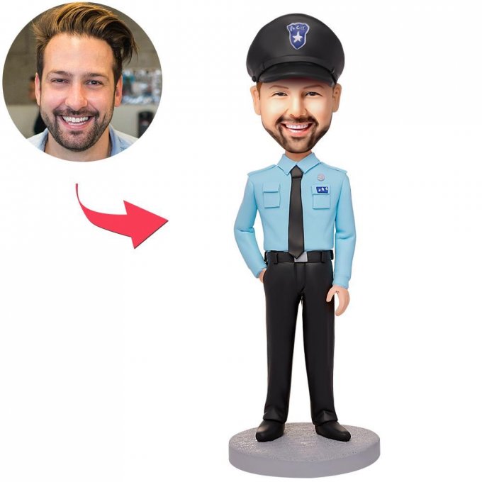 Policeman In Blue Police Uniform Custom Bobblehead With Engraved Text