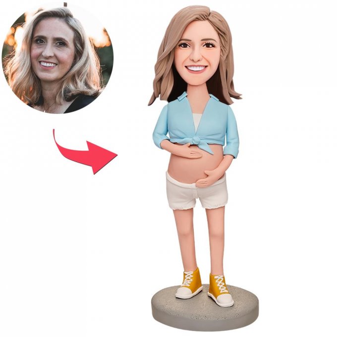 Pregnant Woman in Blue Custom Bobblehead with Engraved Text