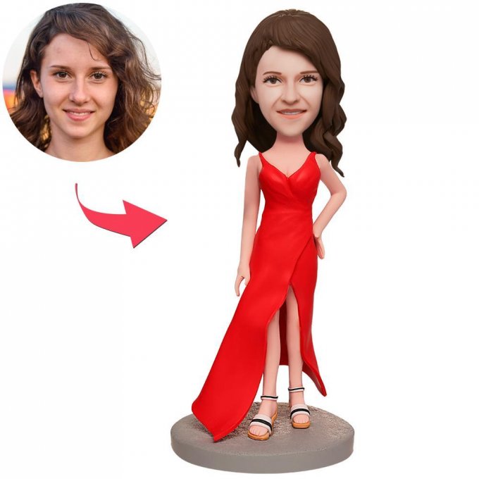 Red Evening Dress Custom Bobblehead With Engraved Text