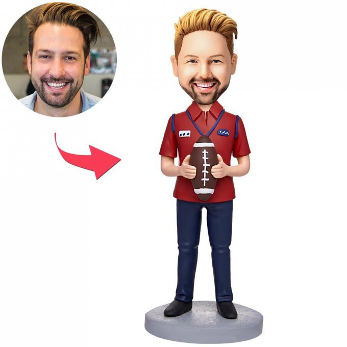 Rugby Player In Red Suit Custom Bobblehead With Engraved Text