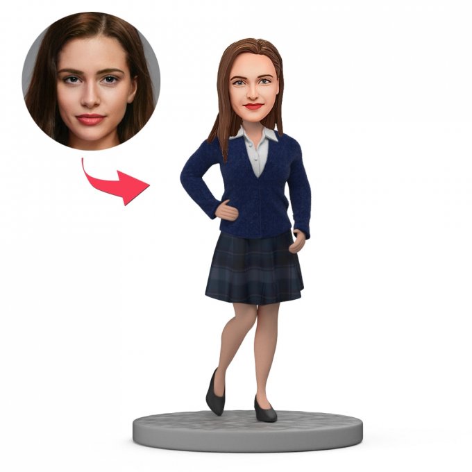 Schoolgirl in School Uniform Custom Bobblehead With Text