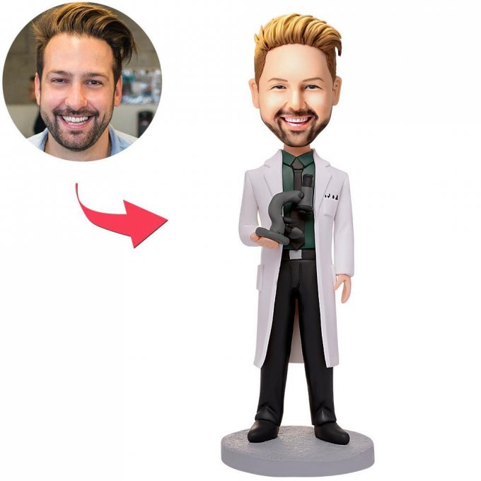 Scientist Holding A Microscope Custom Bobblehead With Engraved Text