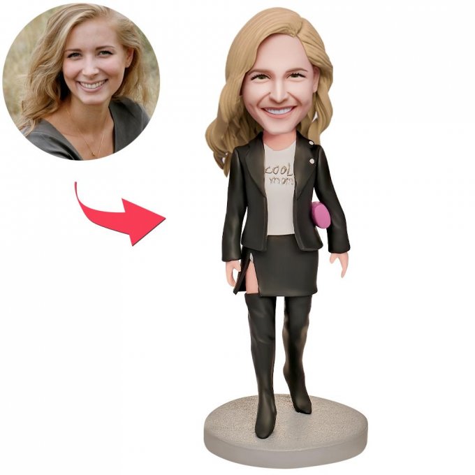 Super Cool Mom in Black Suit Custom Bobblehead with Engraved Text