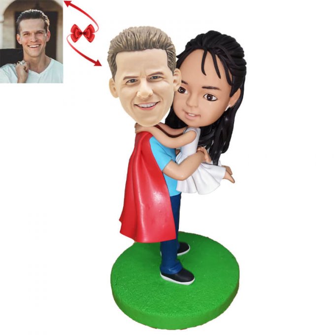 Super Dad Hugging Cute Daughter Custom Bobblehead