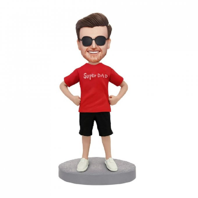 Super Dad With Casual Wear Custom Bobblehead With Engraved Text