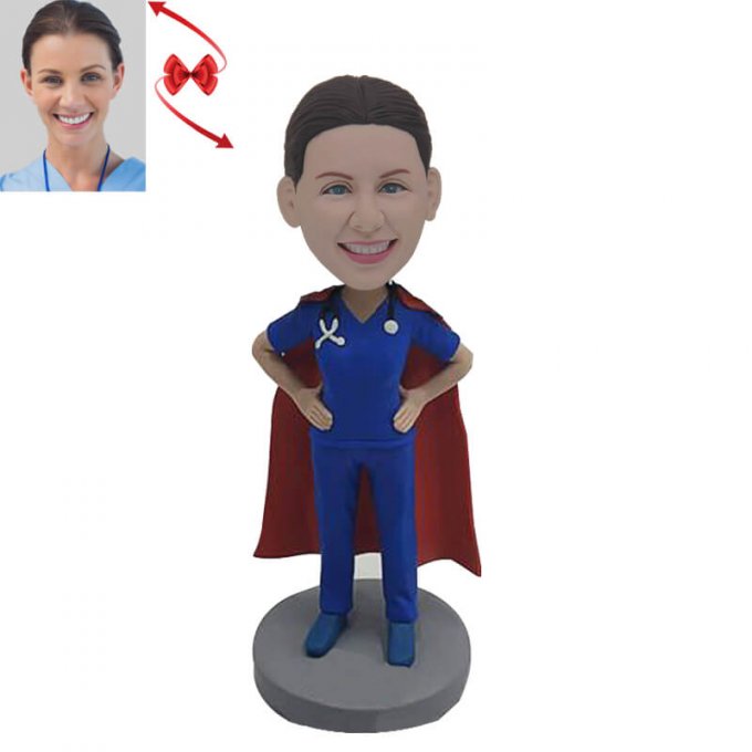 Super Female Doctor In Blue Uniform Custom Bobblehead