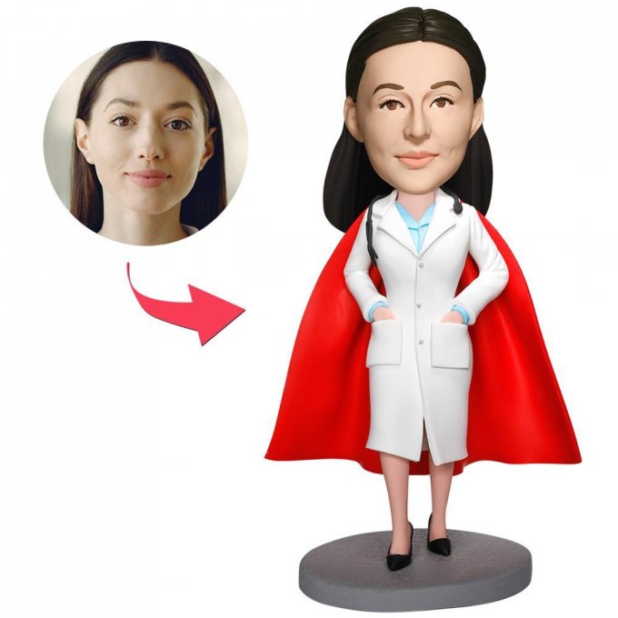 Super Female Doctor With White Coat Custom Bobblehead With Engraved Text