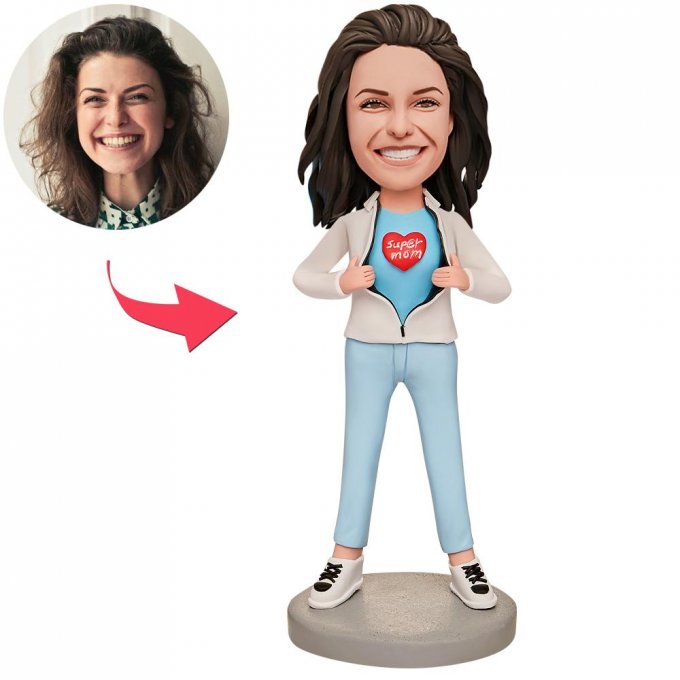 Super Mom in White Coat Custom Bobblehead with Engraved Text