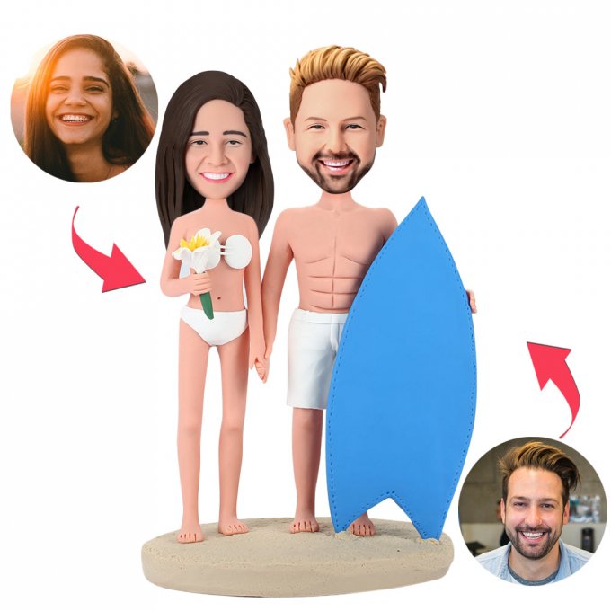 Surfing Couple Custom Bobblehead With Engraved Text