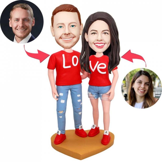 Valentine's Day Gifts Custom Couple Bobbleheads In Red Couple T-shirt