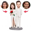 Valentines Gift Couple in White Custom Bobblehead with Engraved Text