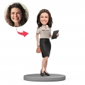 White Blouse and Skirt Holding Documents Boss Lady Custom Bobblehead with Engraved Text