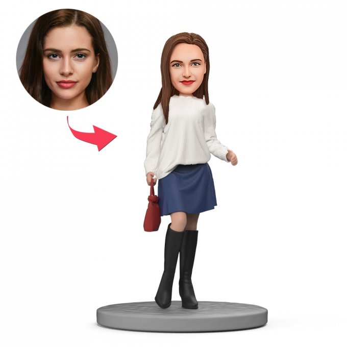 White Sweater And Boots Custom Bobblehead With Engraved Text